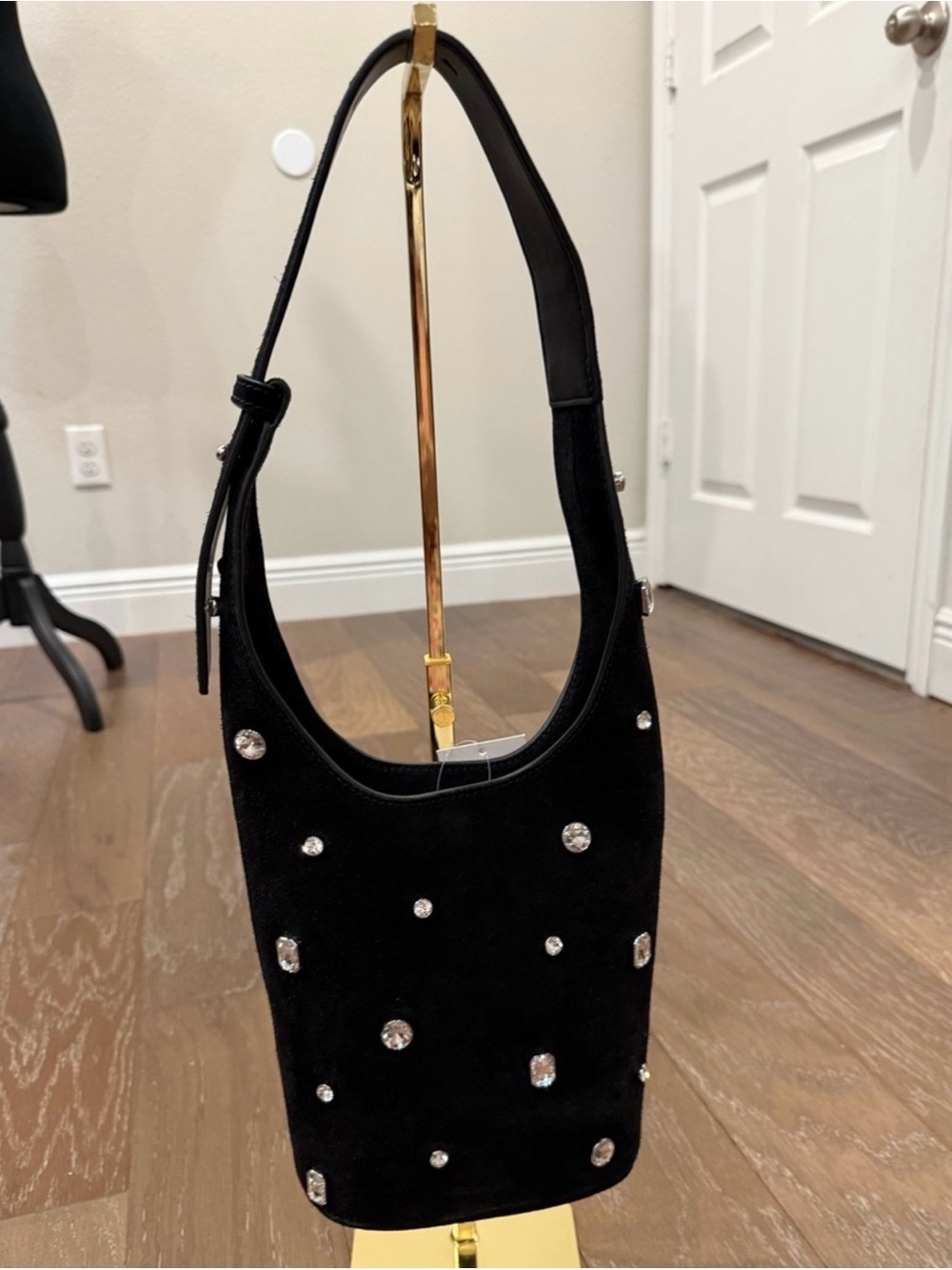 Veronica Beard Black Suede Shoulder Bag with Crystal Accents